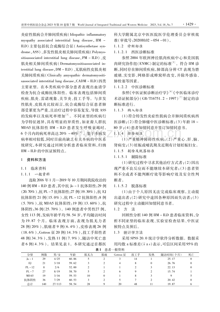 140例特发性炎症性肌病合并肺间质疾病患者临床特征及中医证候分析.pdf_第2页