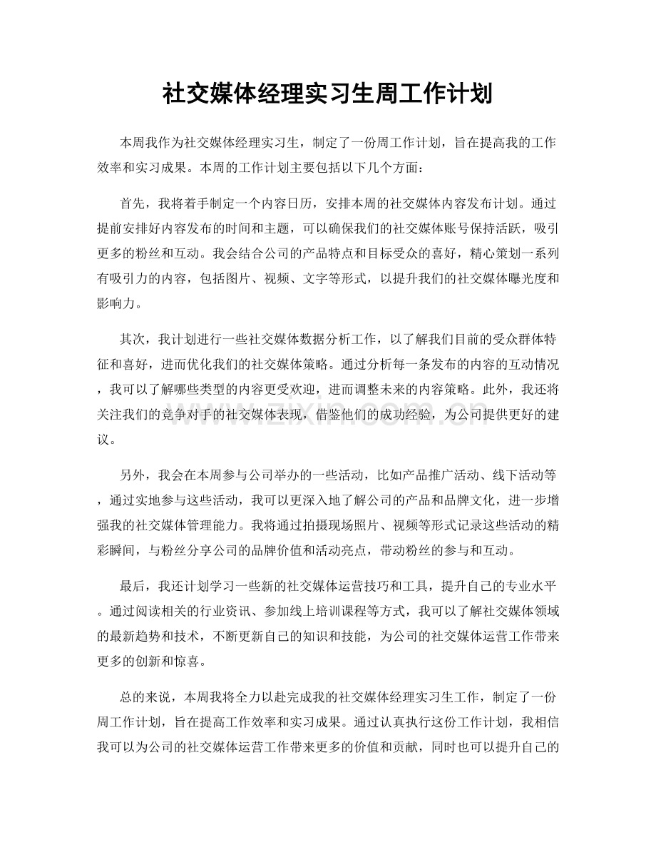 社交媒体经理实习生周工作计划.docx_第1页