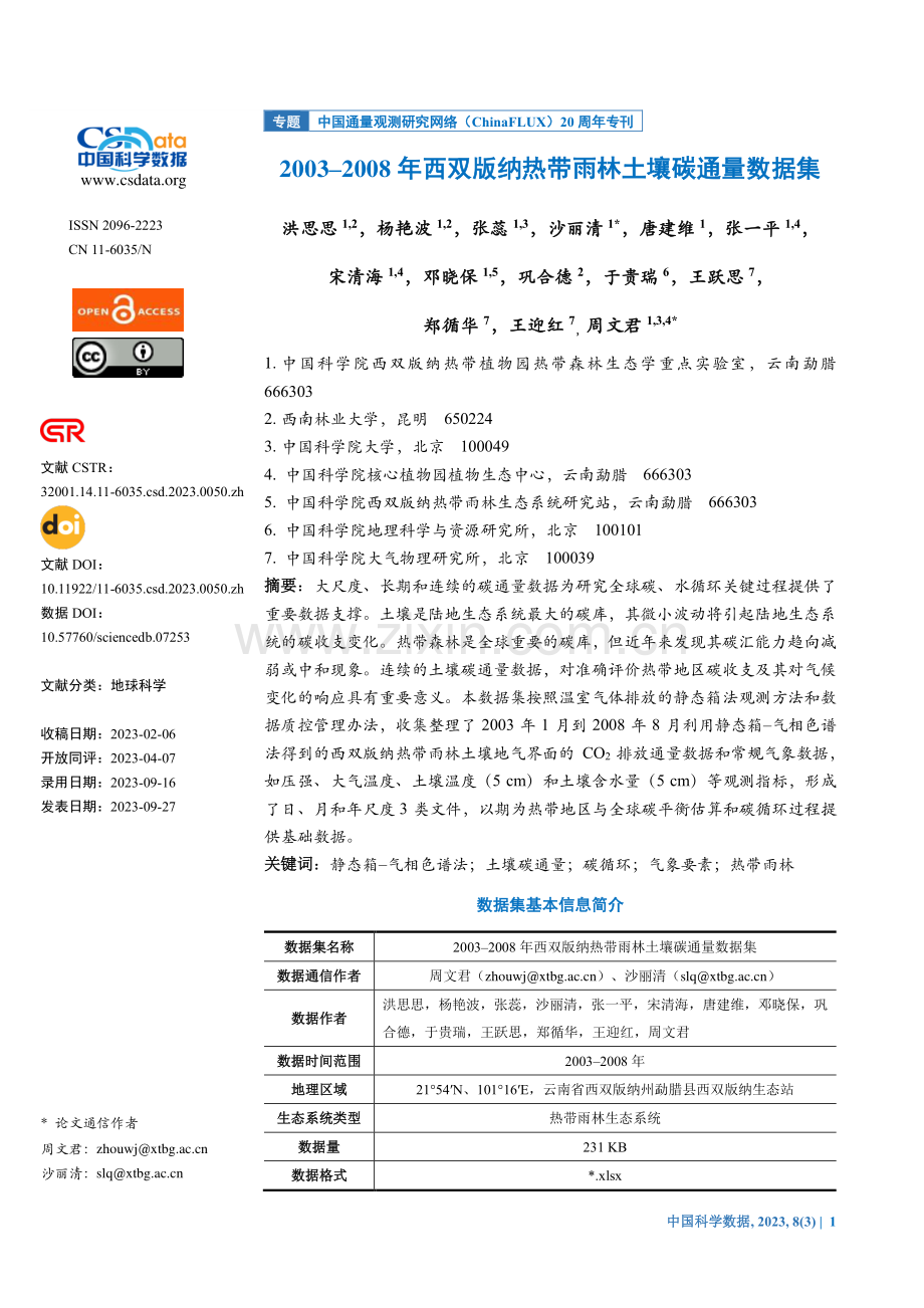 2003-2008年西双版纳热带雨林土壤碳通量数据集.pdf_第1页