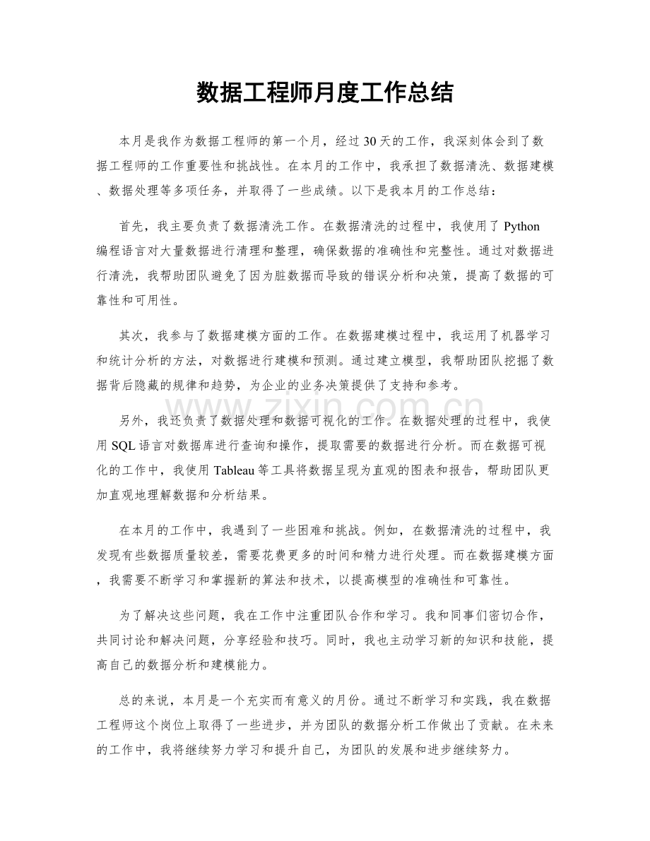 数据工程师月度工作总结.docx_第1页