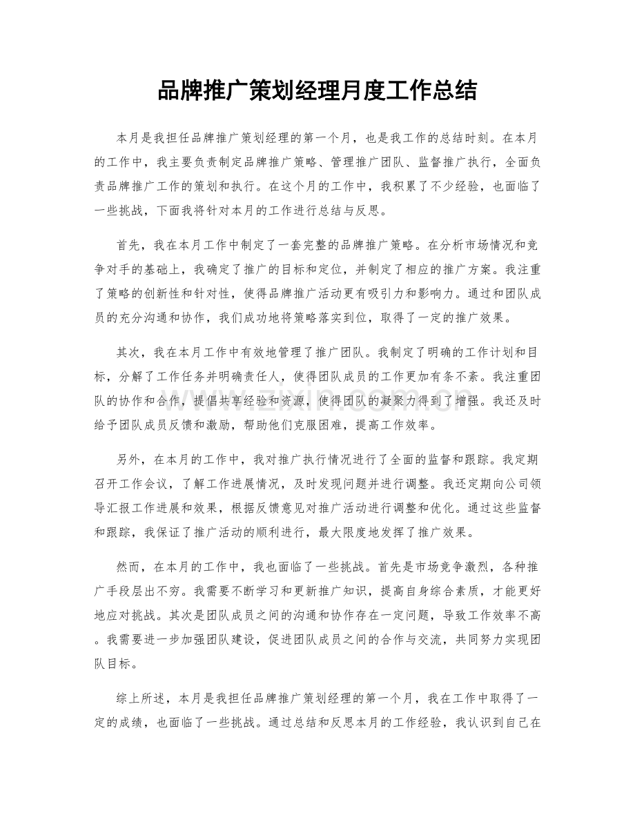 品牌推广策划经理月度工作总结.docx_第1页