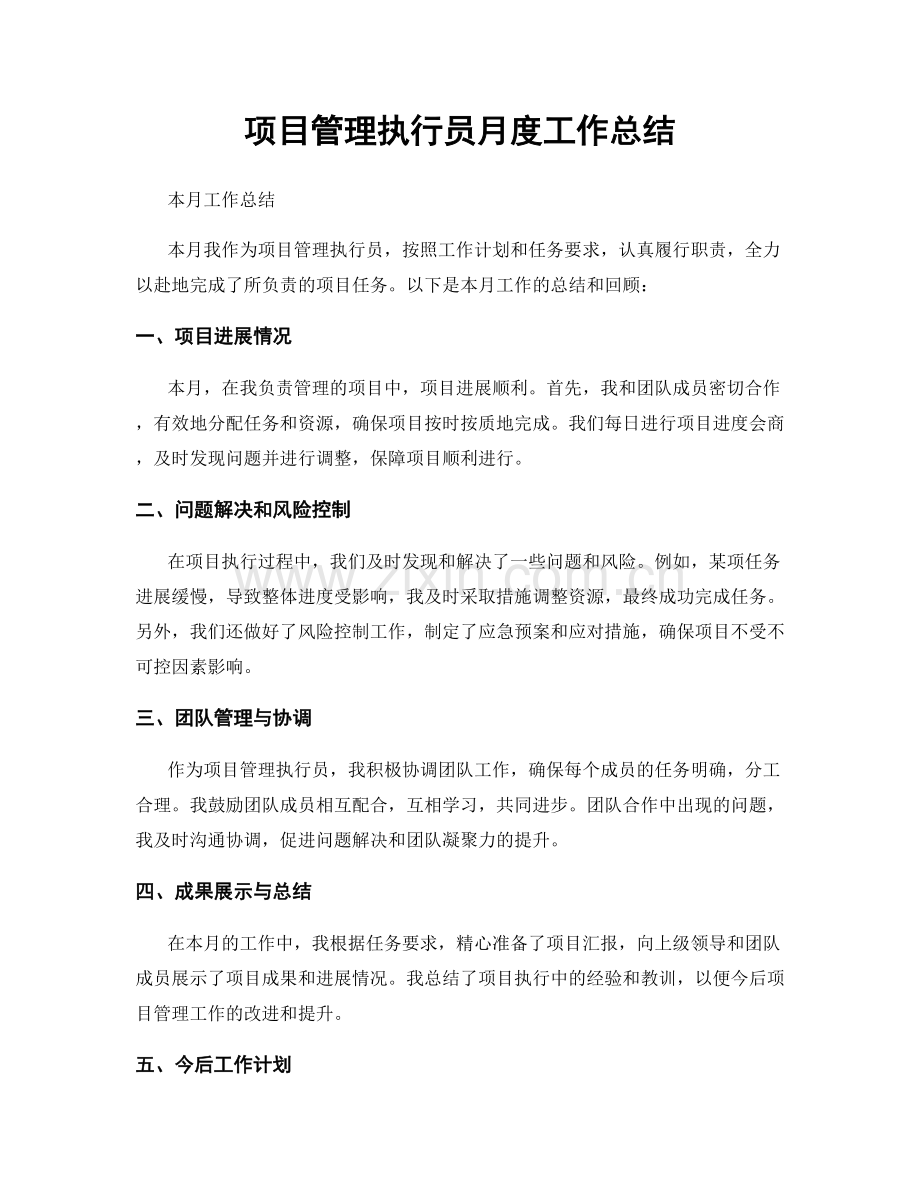 项目管理执行员月度工作总结.docx_第1页