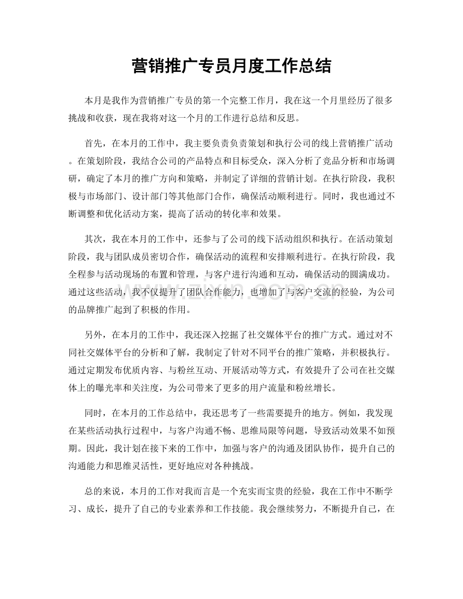 营销推广专员月度工作总结.docx_第1页