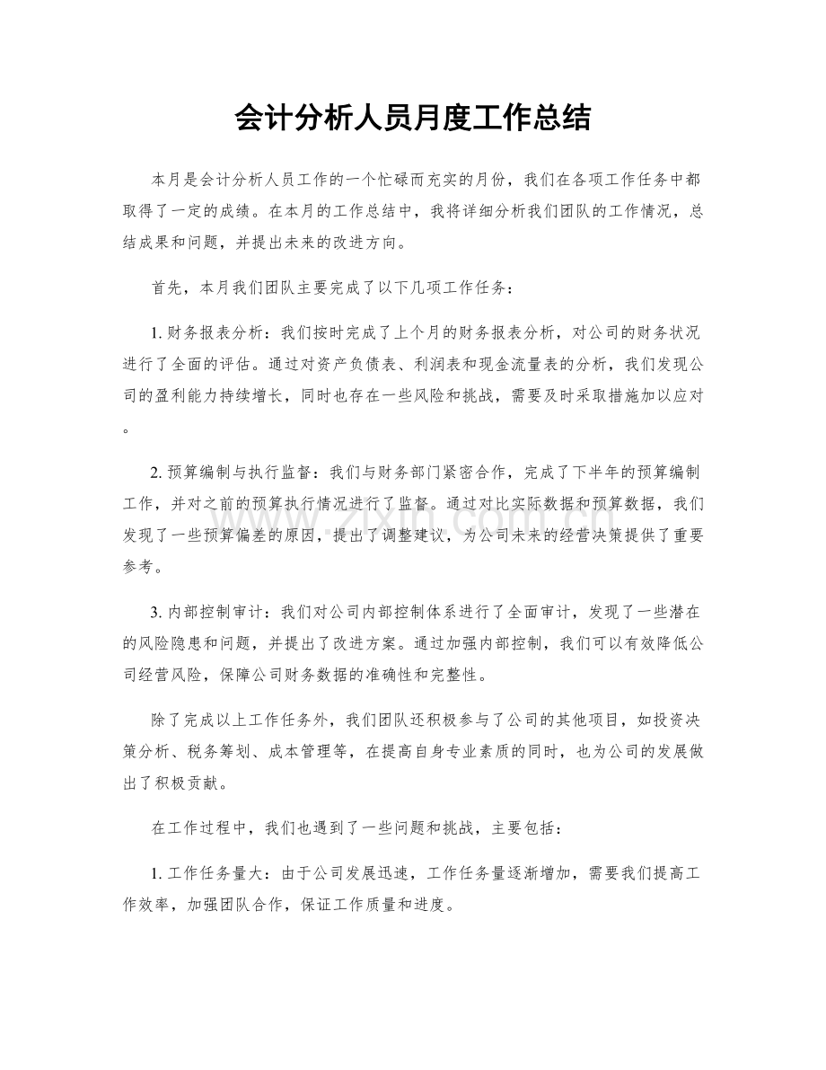 会计分析人员月度工作总结.docx_第1页