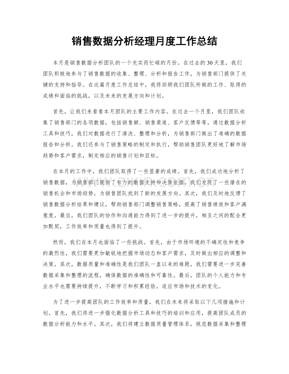 销售数据分析经理月度工作总结.docx_第1页