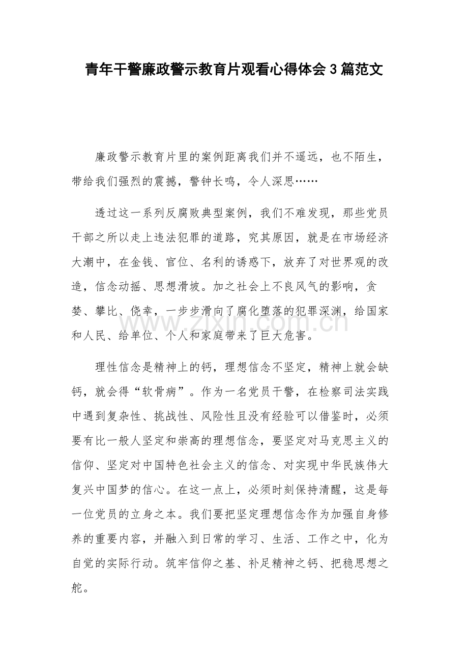 青年干警廉政警示教育片观看心得体会3篇范文.docx_第1页