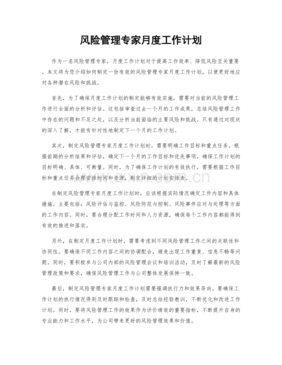 风险管理专家月度工作计划.docx_第1页