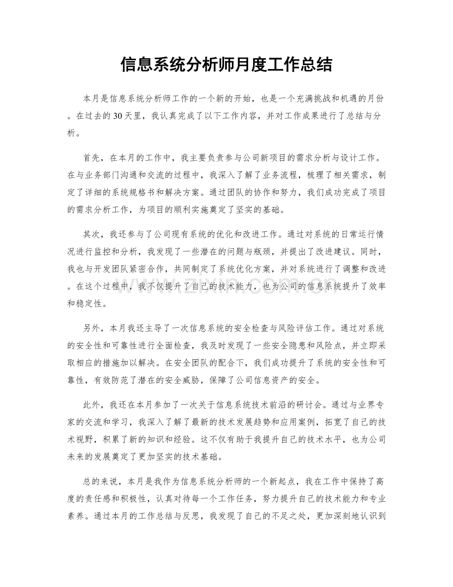 信息系统分析师月度工作总结.docx_第1页