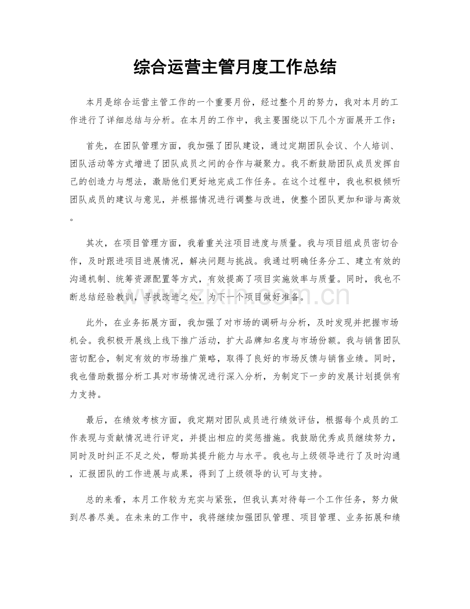 综合运营主管月度工作总结.docx_第1页