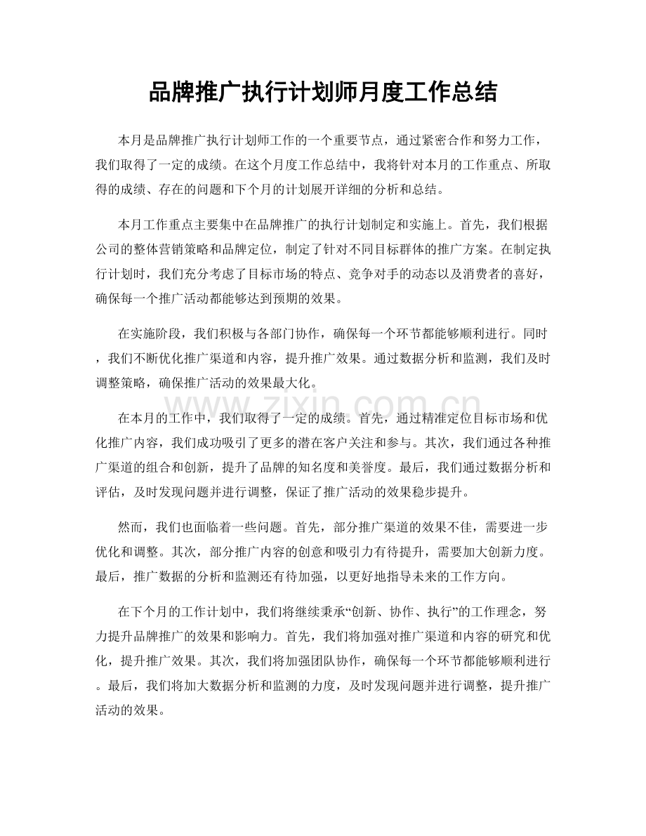 品牌推广执行计划师月度工作总结.docx_第1页