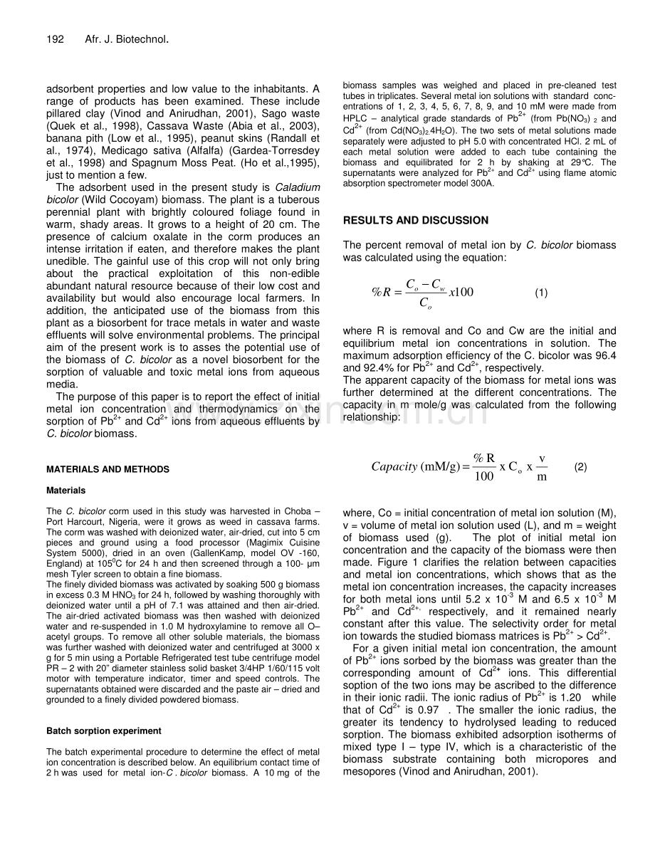 Effect of metal ion concentration on the biosorption of Pb2+ and Cd2+ by Caladium bicolor (wild cocoyam).pdf_第2页