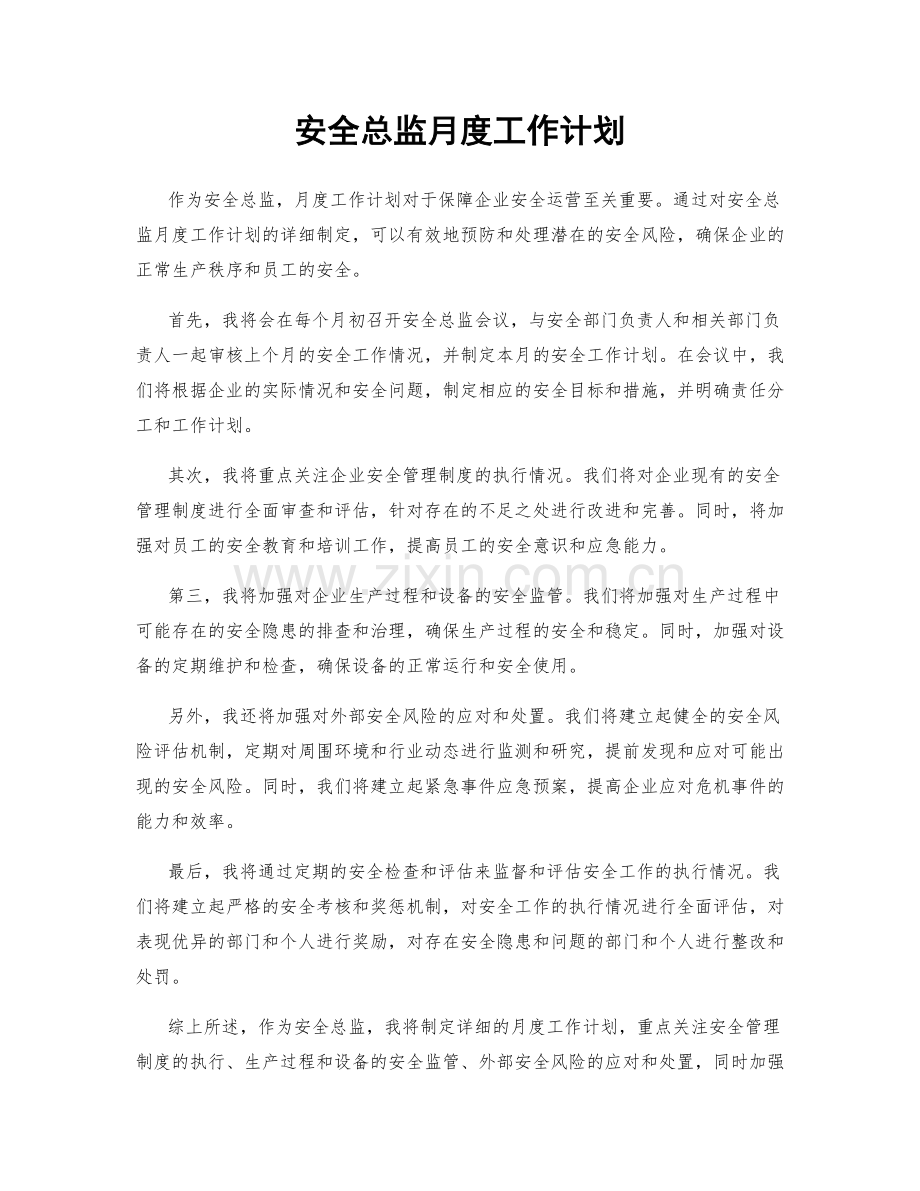 安全总监月度工作计划.docx_第1页