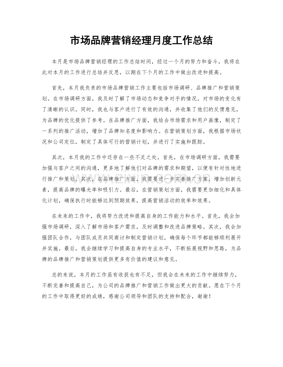 市场品牌营销经理月度工作总结.docx_第1页