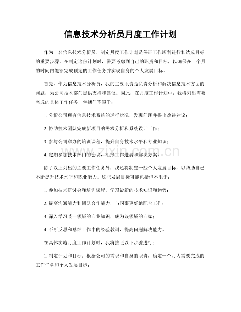 信息技术分析员月度工作计划.docx_第1页