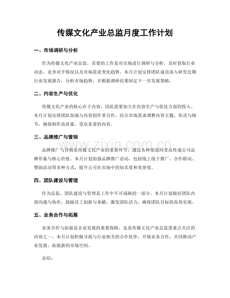 传媒文化产业总监月度工作计划.docx_第1页