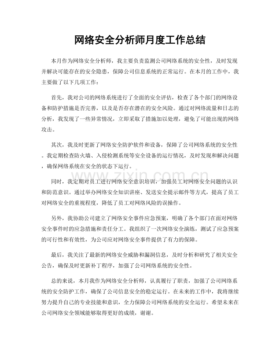 网络安全分析师月度工作总结.docx_第1页