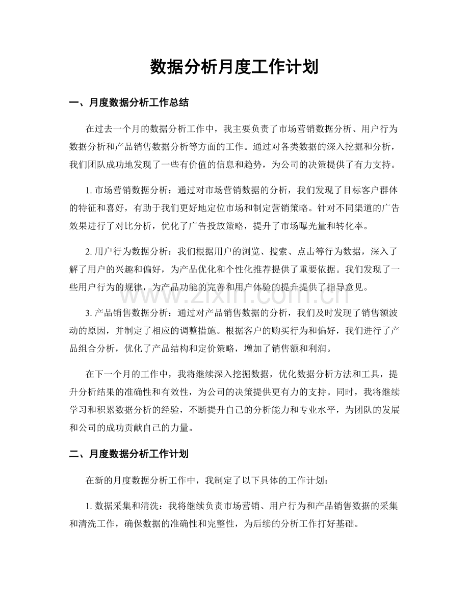 数据分析月度工作计划.docx_第1页