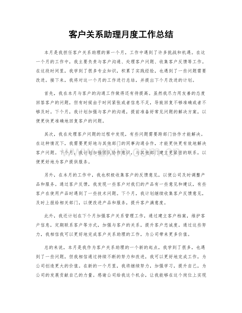 客户关系助理月度工作总结.docx_第1页