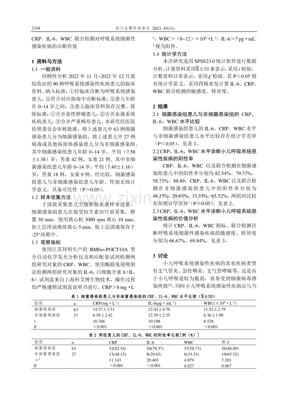 CRP、IL-6、WBC联合检测对呼吸系统细菌性感染疾病的诊断价值.pdf_第2页