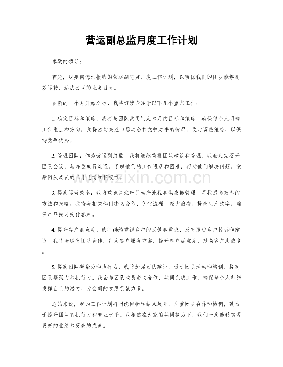 营运副总监月度工作计划.docx_第1页