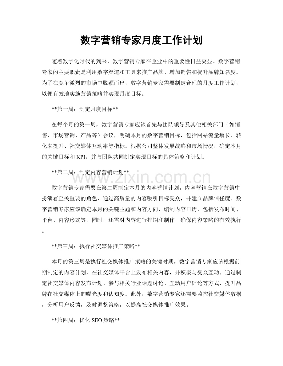 数字营销专家月度工作计划.docx_第1页