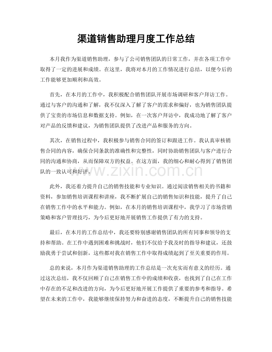 渠道销售助理月度工作总结.docx_第1页