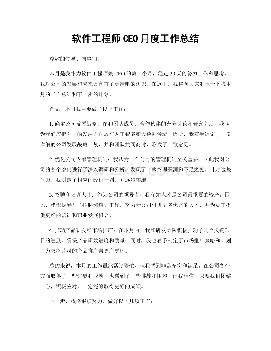 软件工程师CEO月度工作总结.docx_第1页