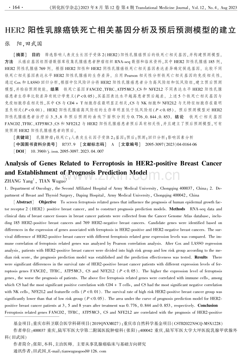 HER2阳性乳腺癌铁死亡相关基因分析及预后预测模型的建立.pdf_第1页