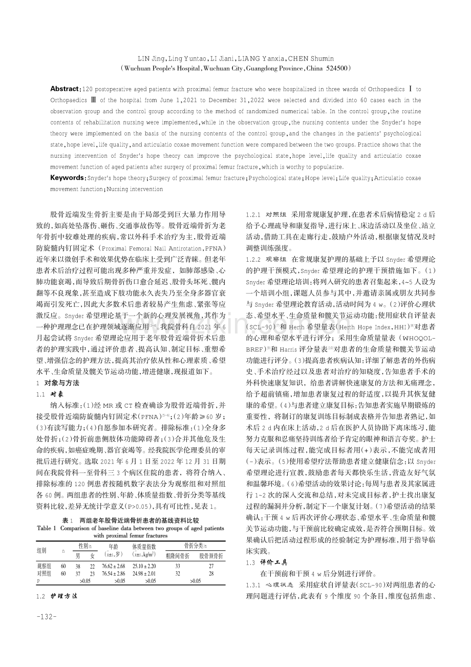 Snyder希望理论的护理干预对老年股骨近端骨折术后患者心理状态、希望水平、生命质量及髋关节运动功能的影响.pdf_第2页