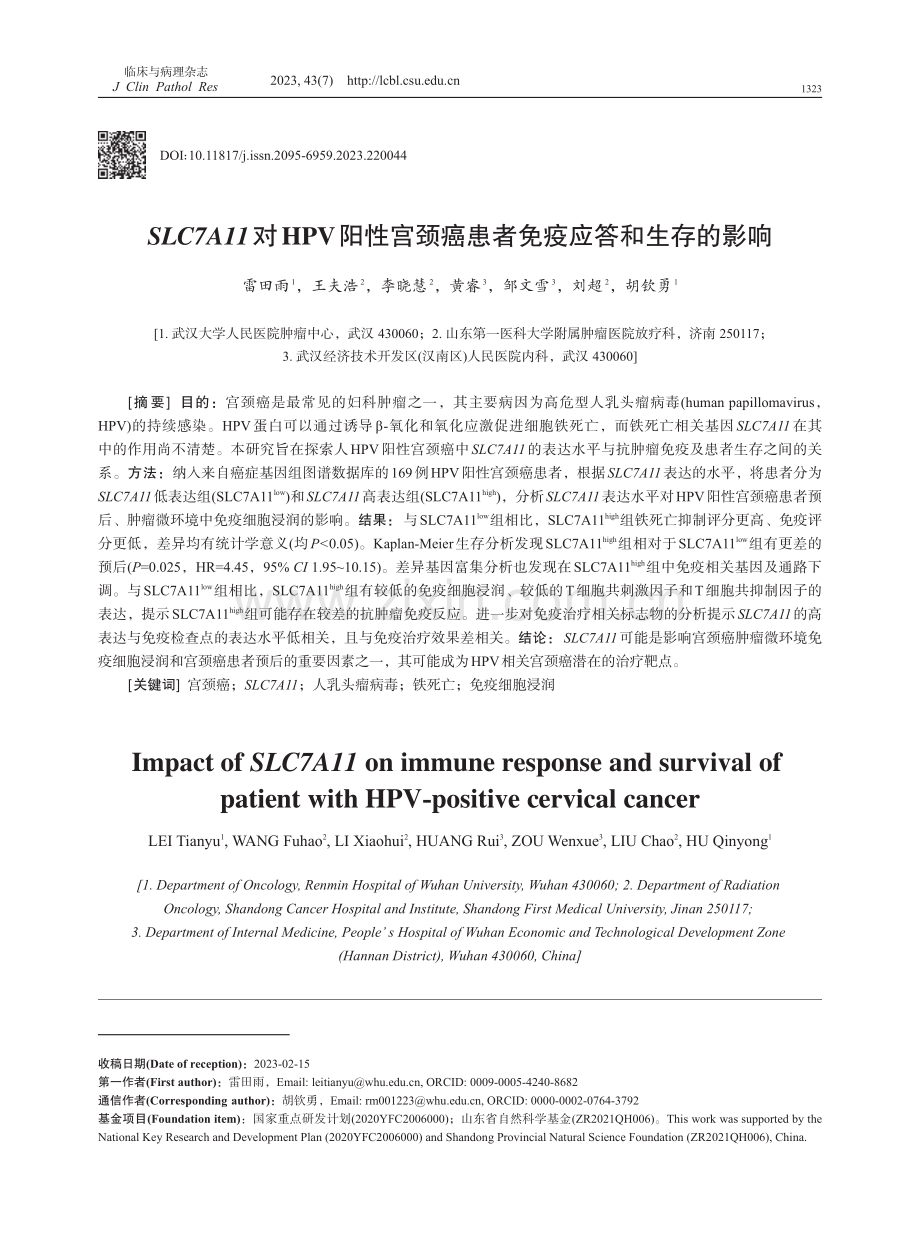 SLC7A11对HPV阳性宫颈癌患者免疫应答和生存的影响.pdf_第1页