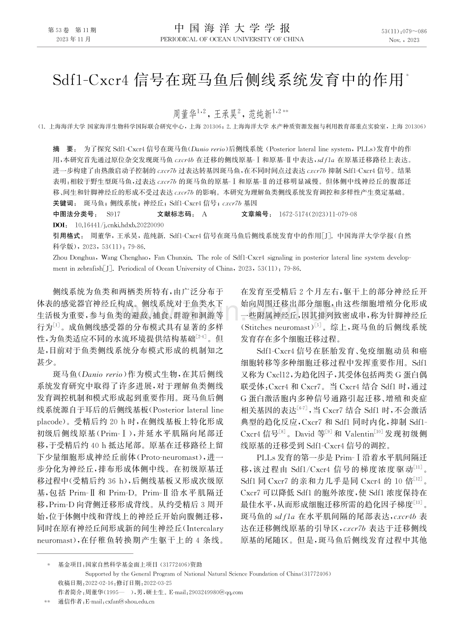 Sdf1-Cxcr4信号在斑马鱼后侧线系统发育中的作用.pdf_第1页