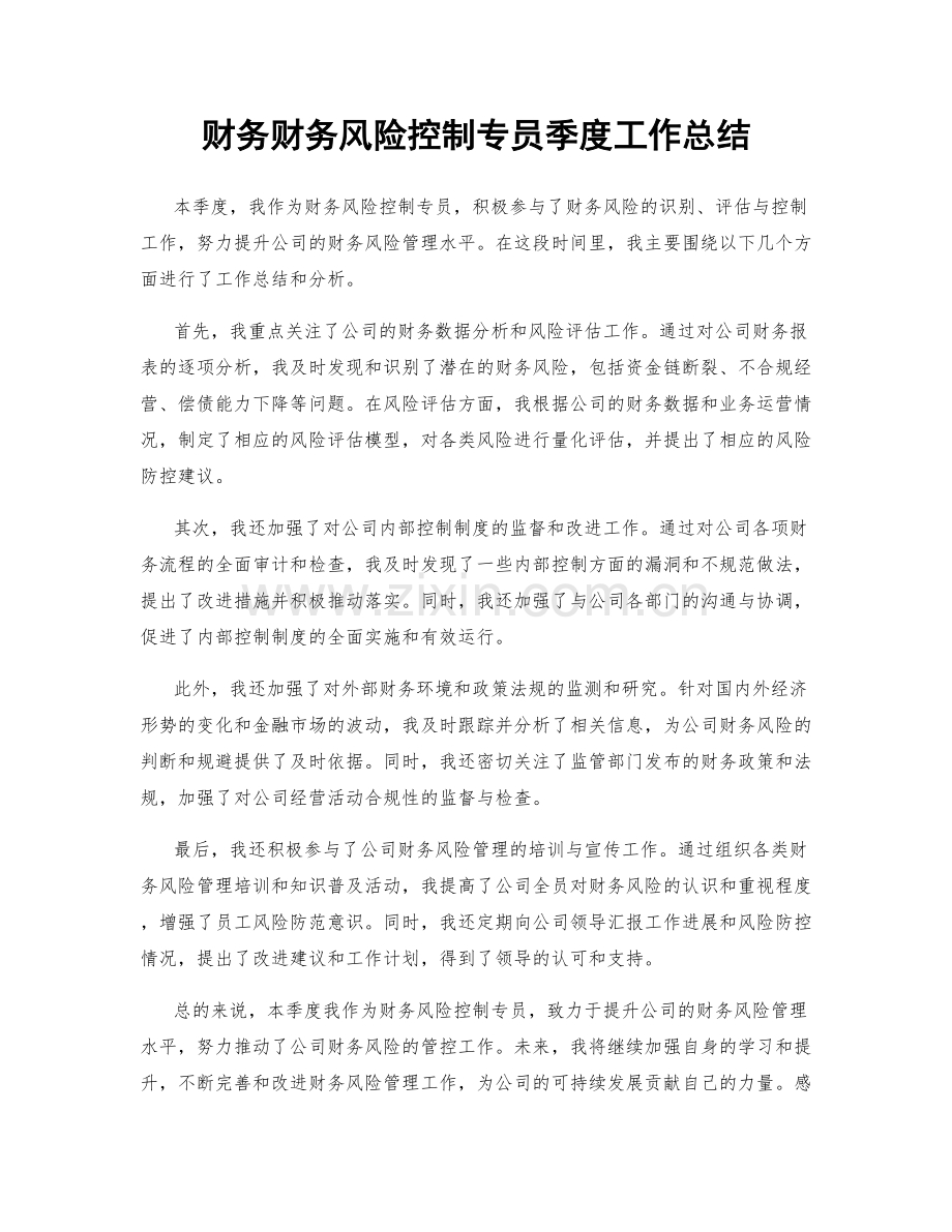 财务财务风险控制专员季度工作总结.docx_第1页