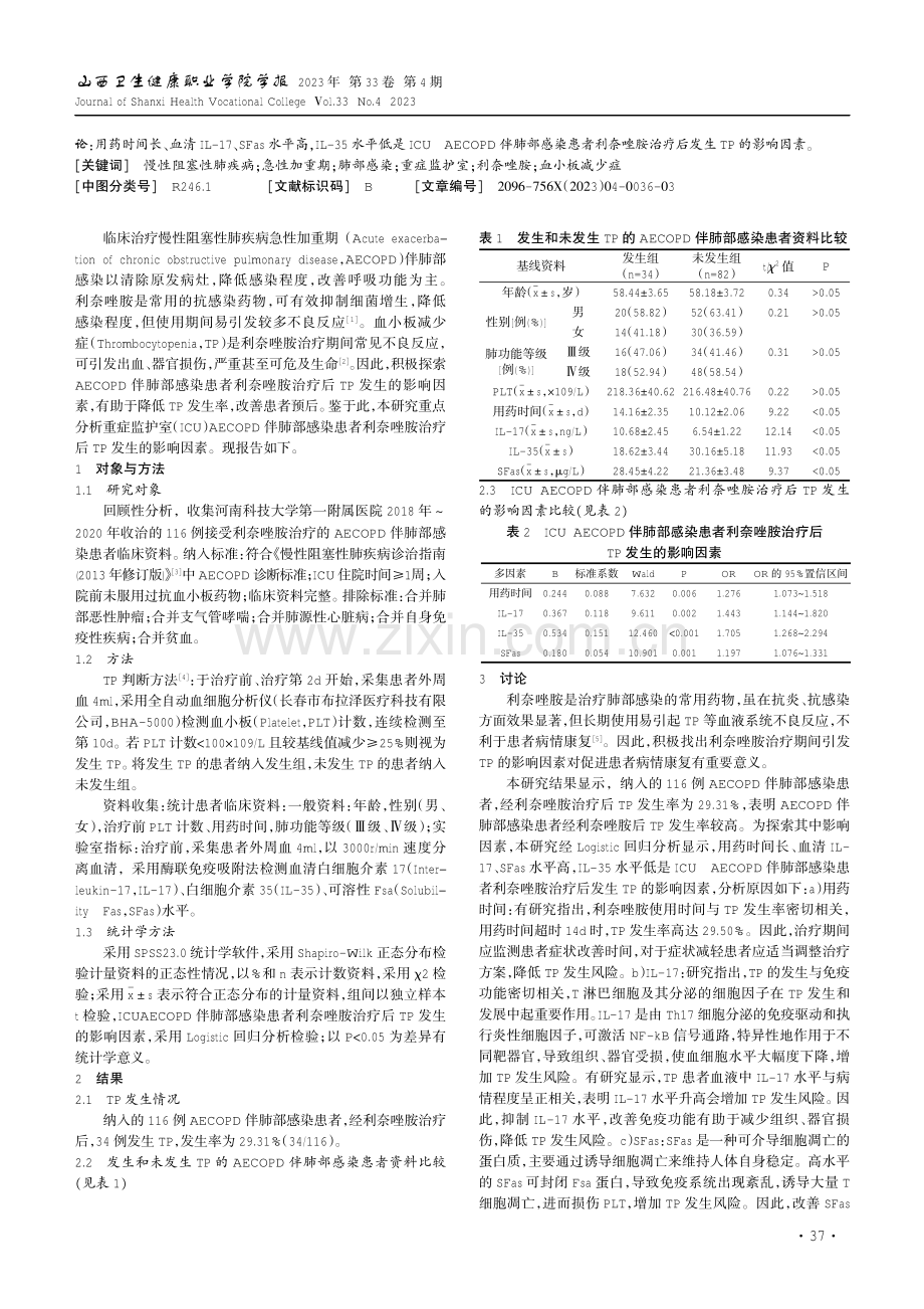 ICU慢阻肺急性加重期伴肺部感染患者利奈唑胺治疗后血小板减少症发生的影响因素.pdf_第2页