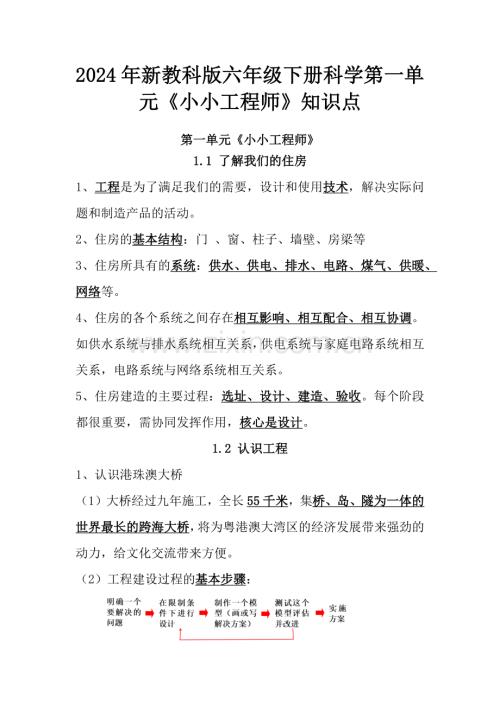 2024年新教科版六年级下册科学第一单元《小小工程师》、第四单元《物质的变化》知识点汇编.docx