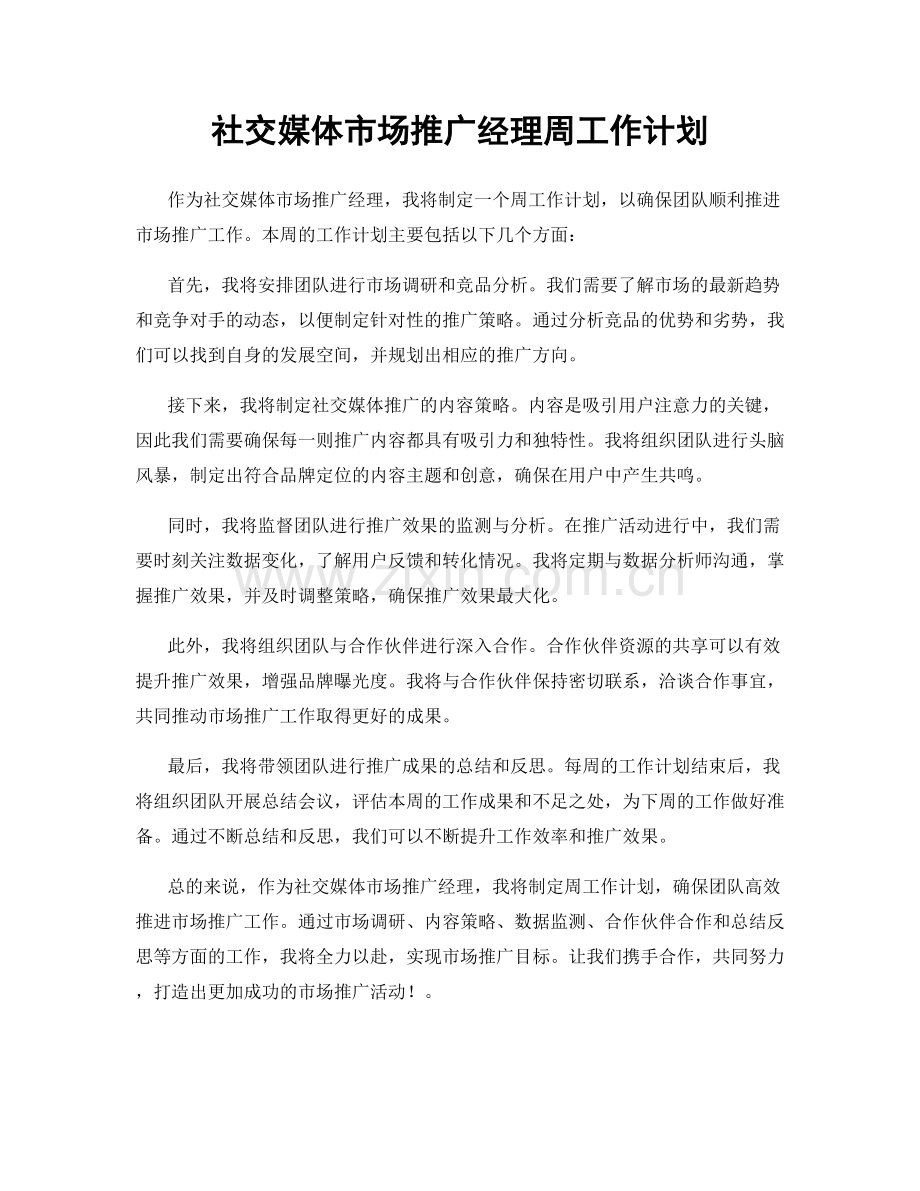 社交媒体市场推广经理周工作计划.docx_第1页