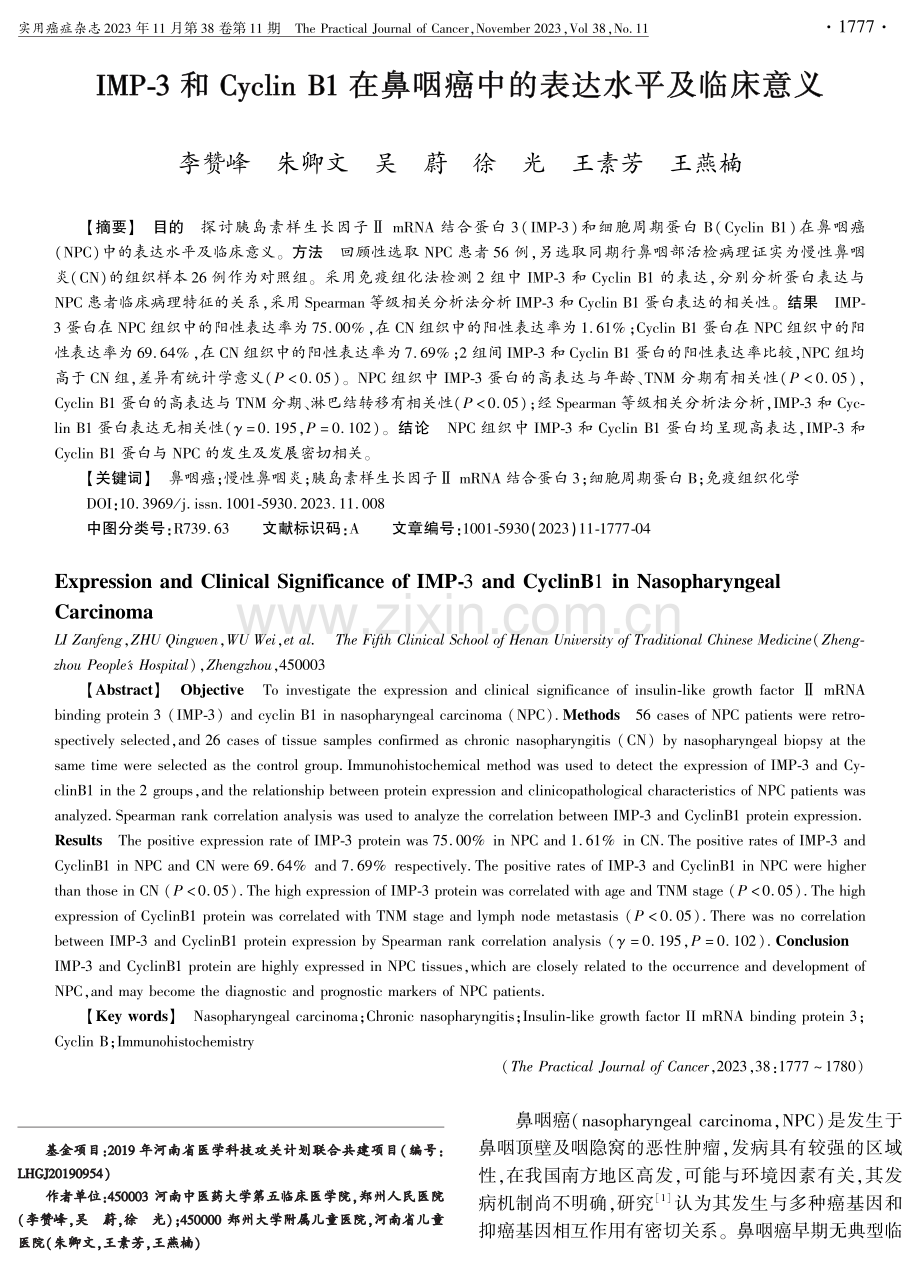 IMP-3和Cyclin B1在鼻咽癌中的表达水平及临床意义.pdf_第1页