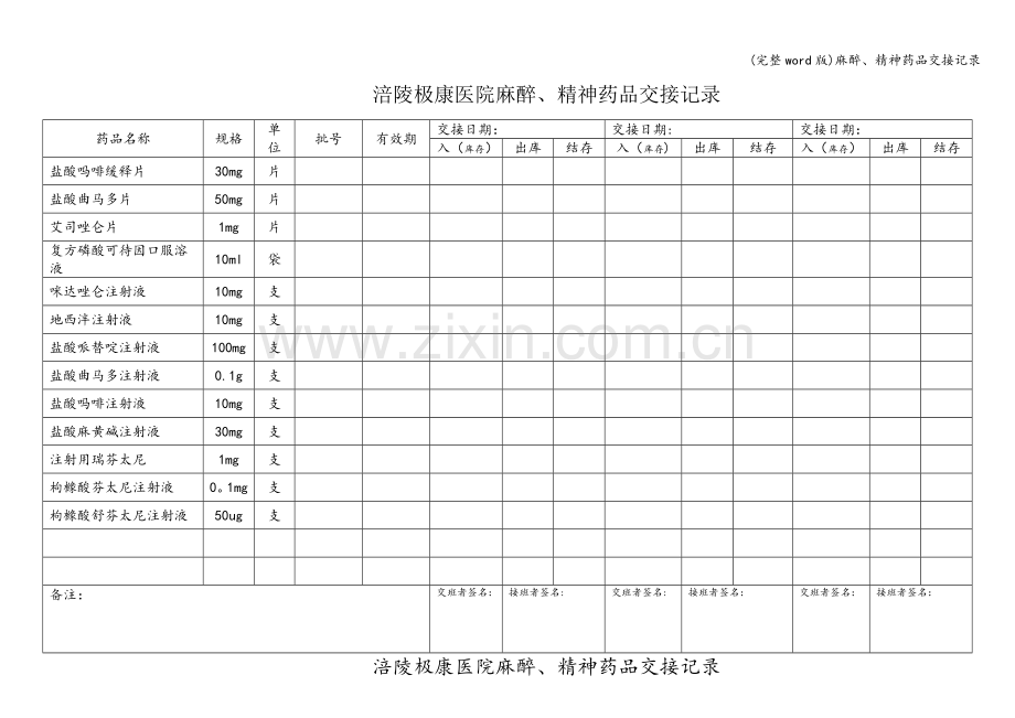 麻醉、精神药品交接记录.doc_第1页