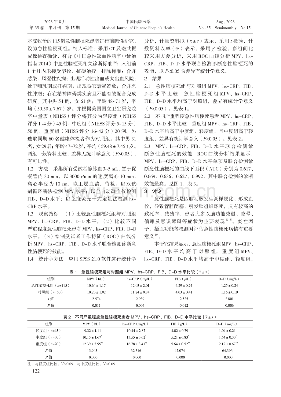 MPV、hs-CRP、FIB、D-D水平联合检测在急性脑梗死患者诊断中的应用价值.pdf_第2页