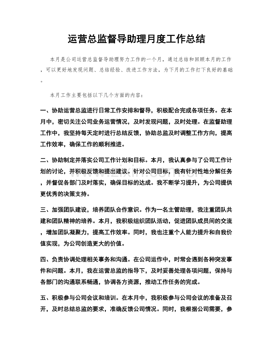 运营总监督导助理月度工作总结.docx_第1页