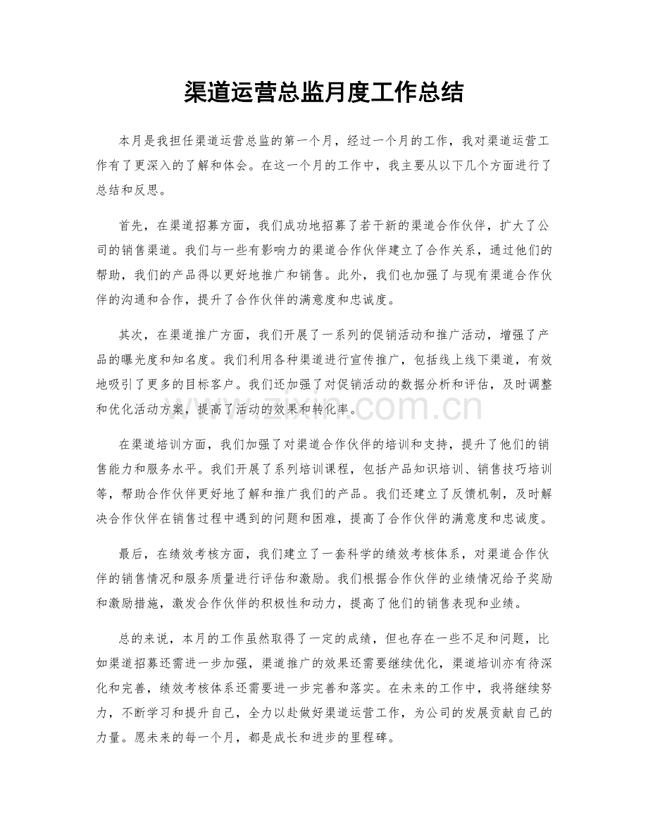 渠道运营总监月度工作总结.docx_第1页