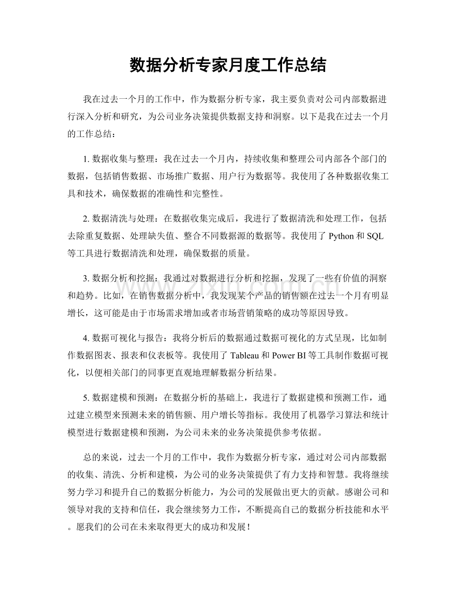 数据分析专家月度工作总结.docx_第1页