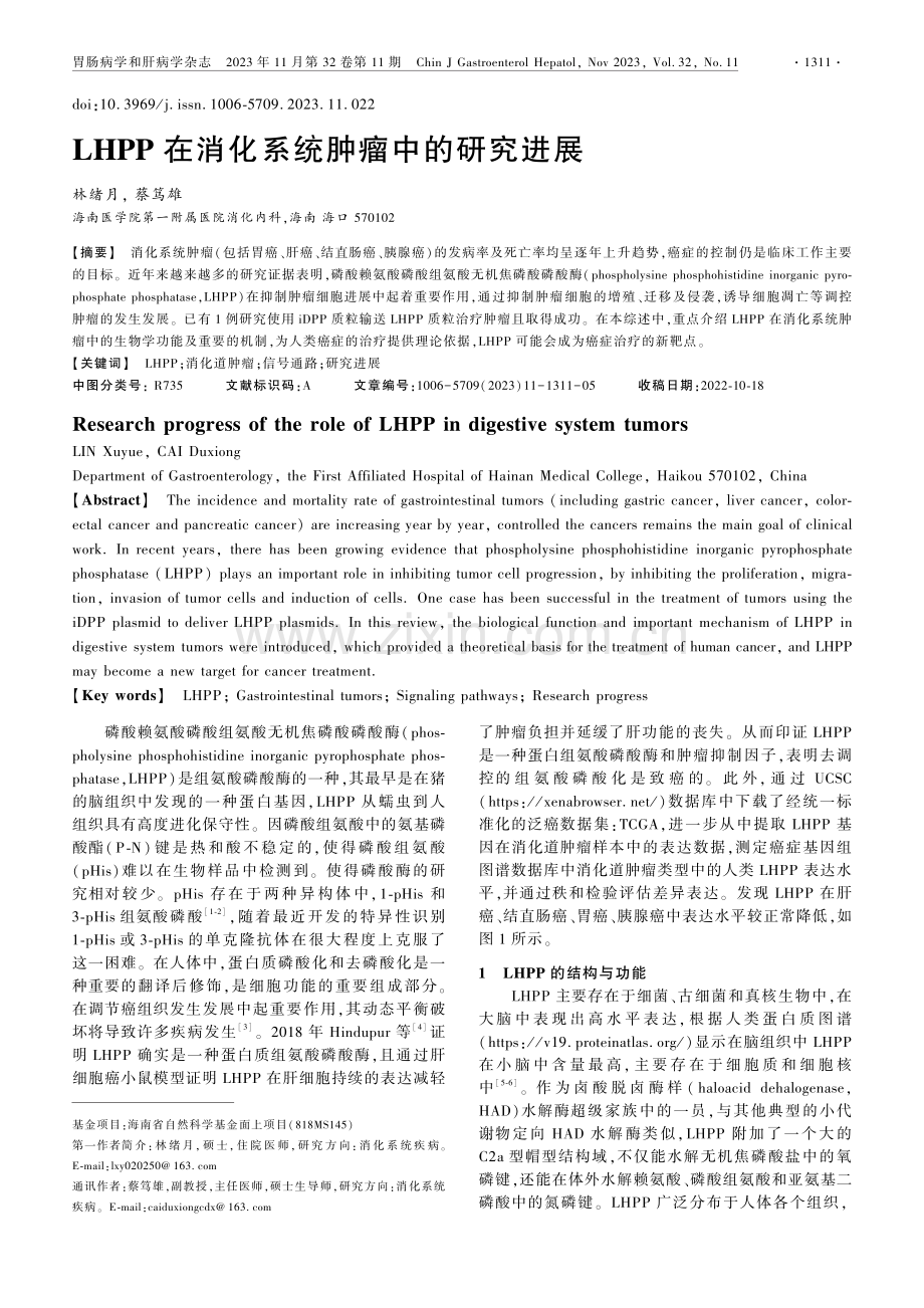 LHPP在消化系统肿瘤中的研究进展.pdf_第1页