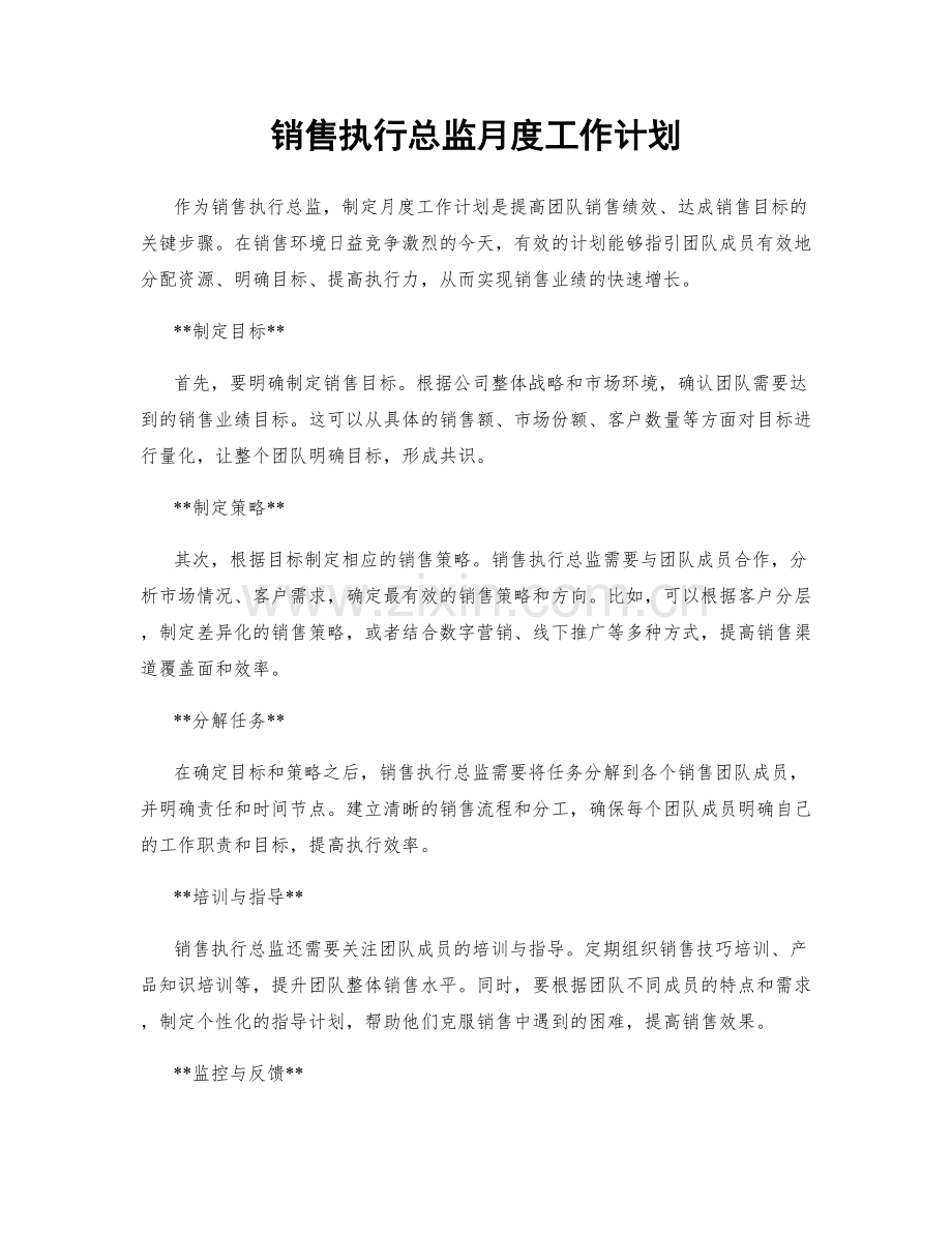 销售执行总监月度工作计划.docx_第1页