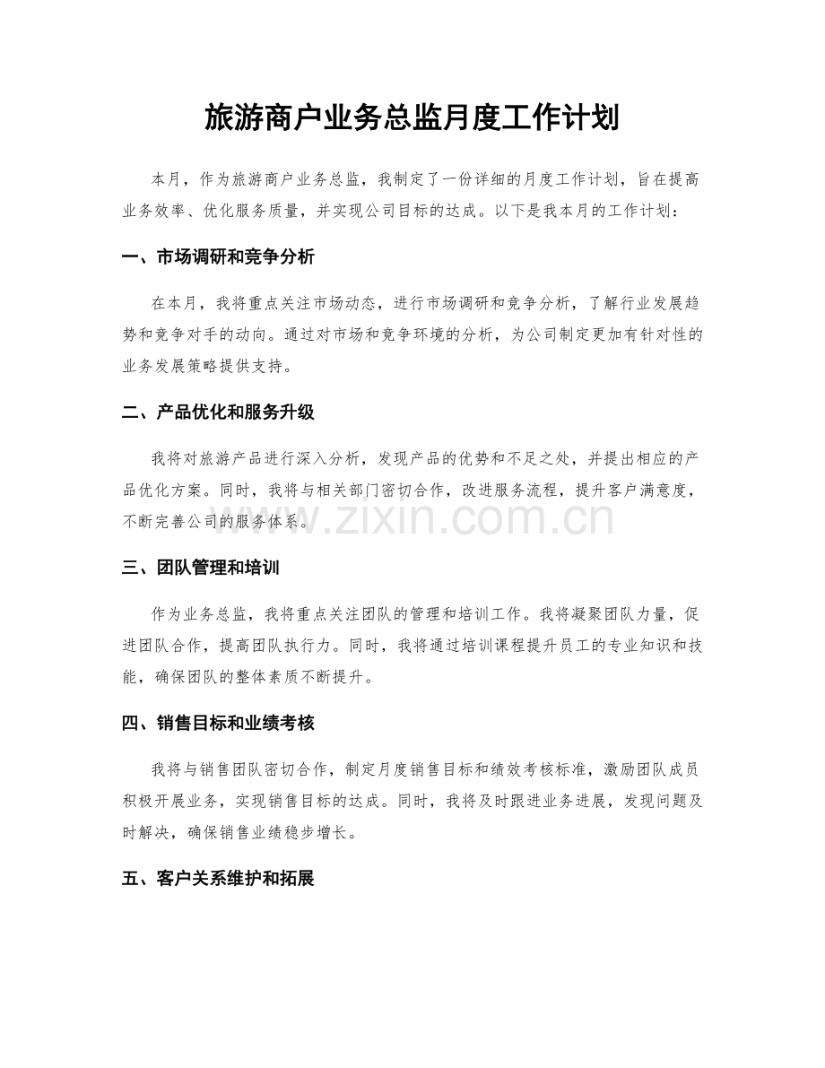 旅游商户业务总监月度工作计划.docx_第1页