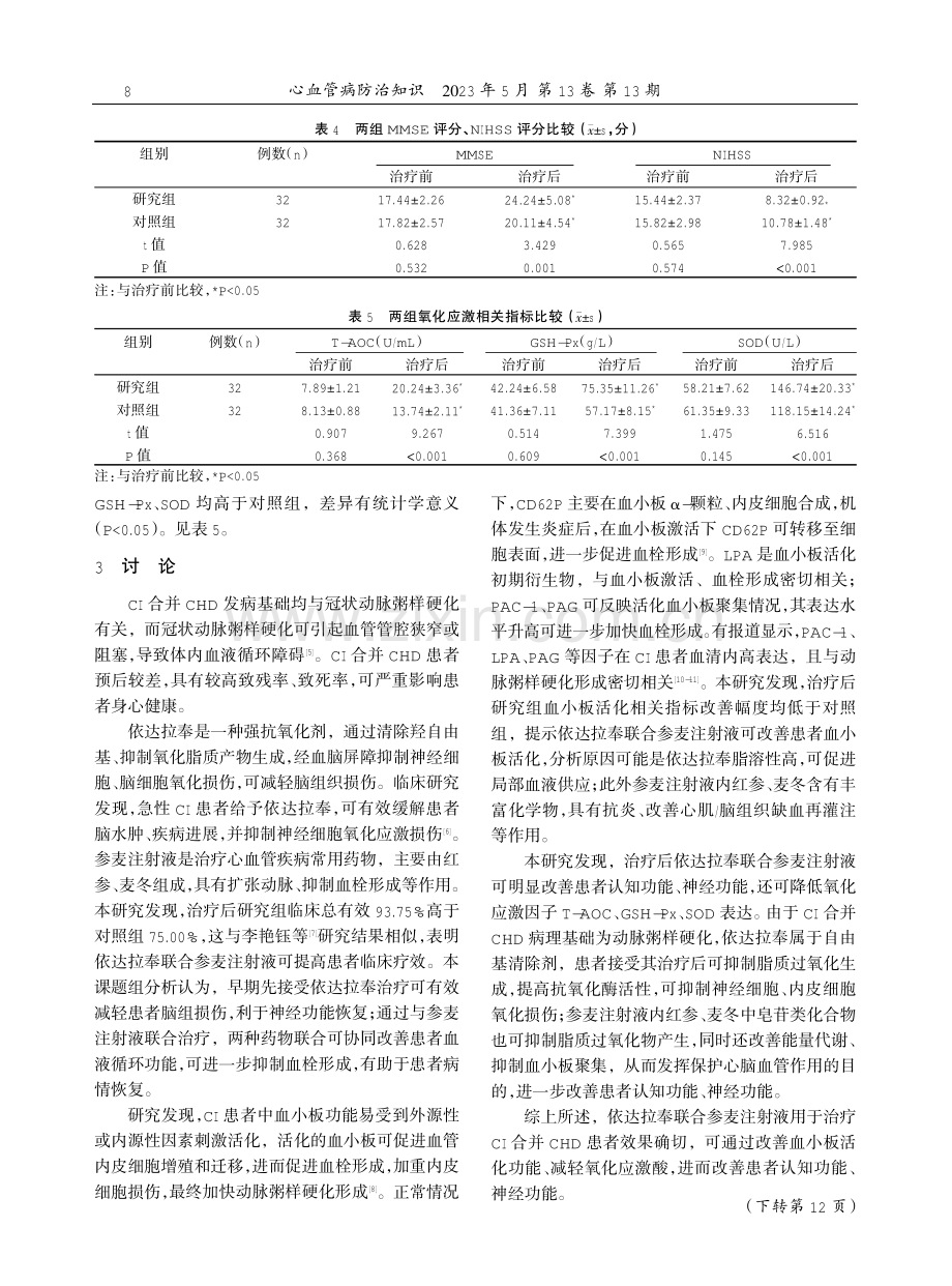 依达拉奉联合参麦注射液治疗脑梗死合并冠心病患者的疗效及对血小板活化、认知功能的影响.pdf_第3页