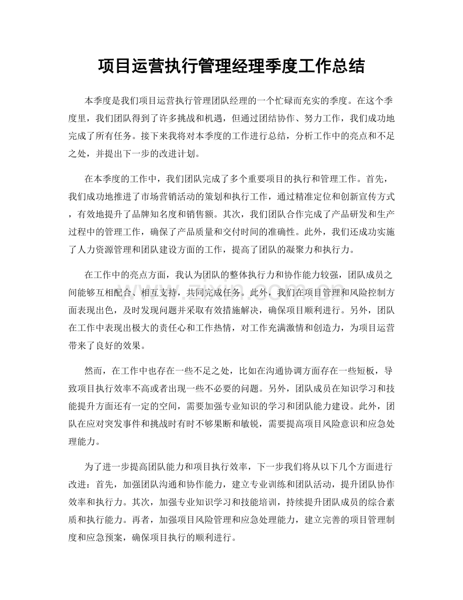 项目运营执行管理经理季度工作总结.docx_第1页