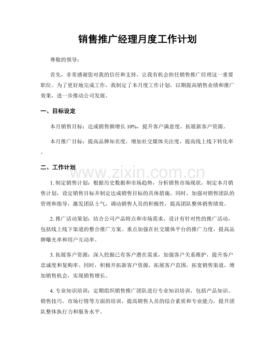 销售推广经理月度工作计划.docx_第1页