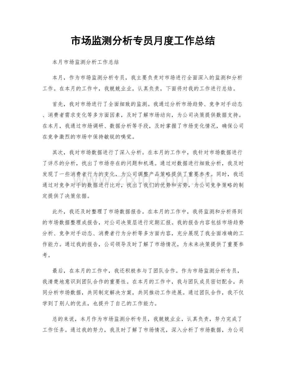 市场监测分析专员月度工作总结.docx_第1页