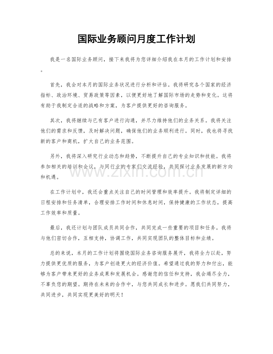 国际业务顾问月度工作计划.docx_第1页