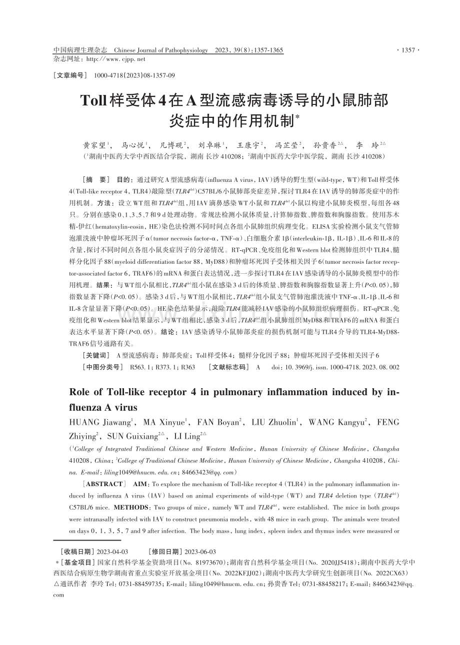 Toll样受体4在A型流感病毒诱导的小鼠肺部炎症中的作用机制.pdf_第1页